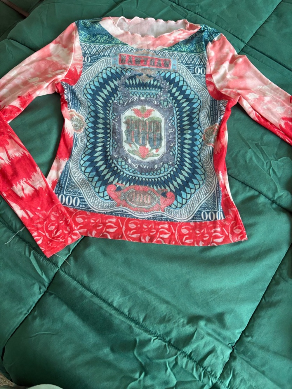 Vintage Graphic Money Print Long Sleeve Top - Red and Teal